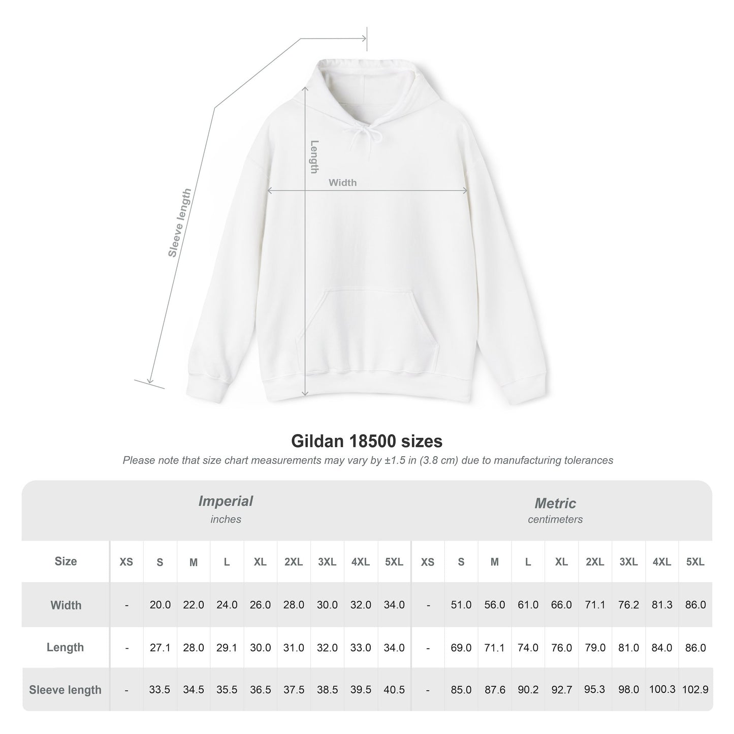 Size guide in centimetres for black Crow hoodie