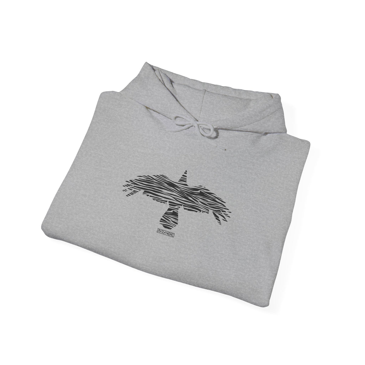 Folded grey Crow hoodie showing the printed design