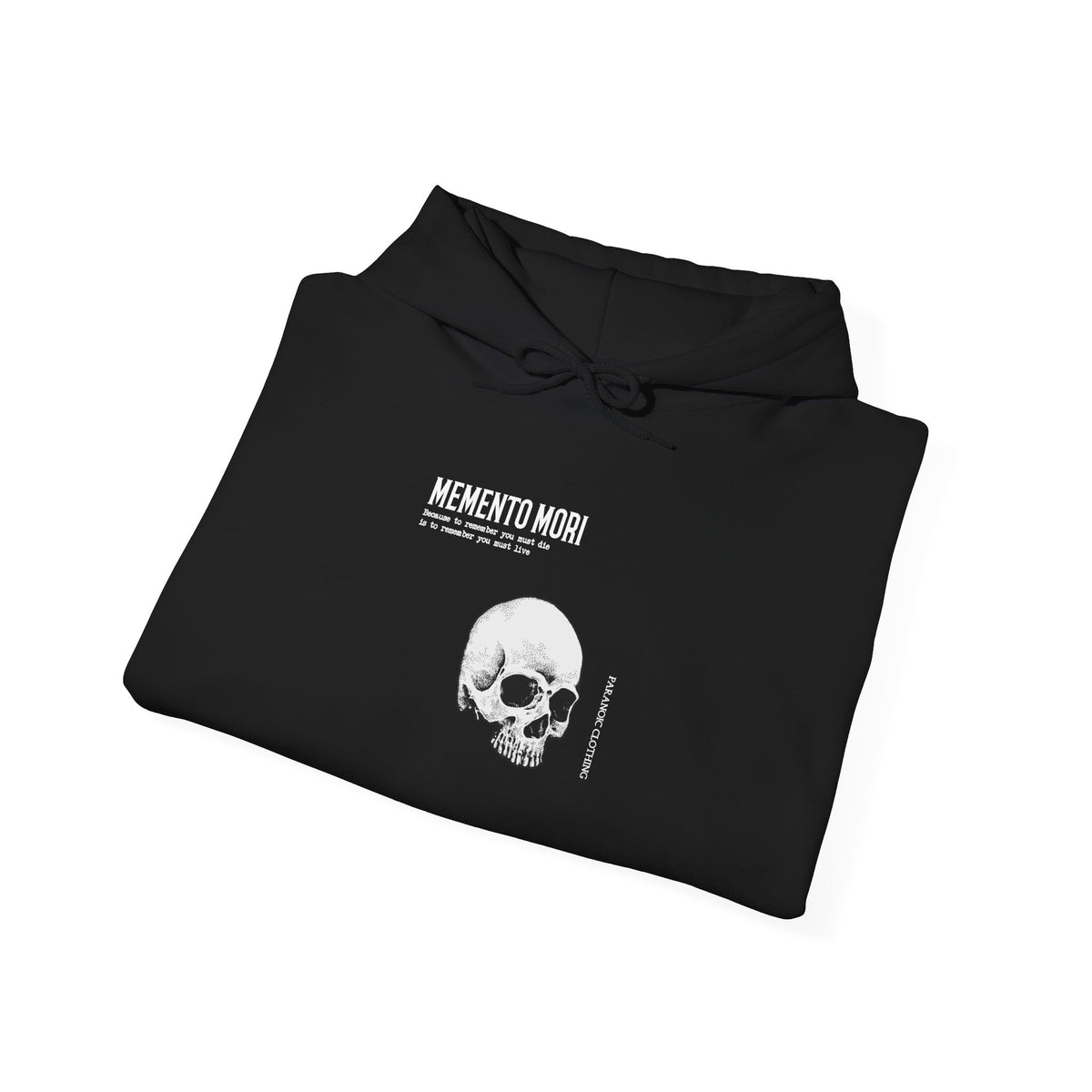 Folded black Memento Mori hoodie showing the printed design