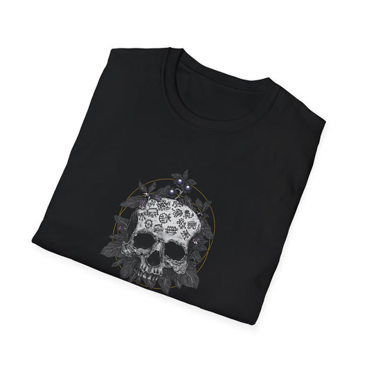 Folded black Skull by D.S. Gargots unisex T-shirt showing the printed artwork