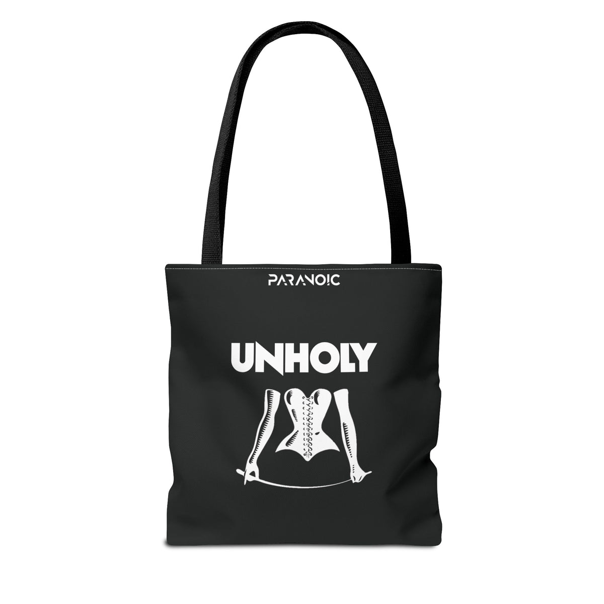 Back view of black Unholy tote bag
