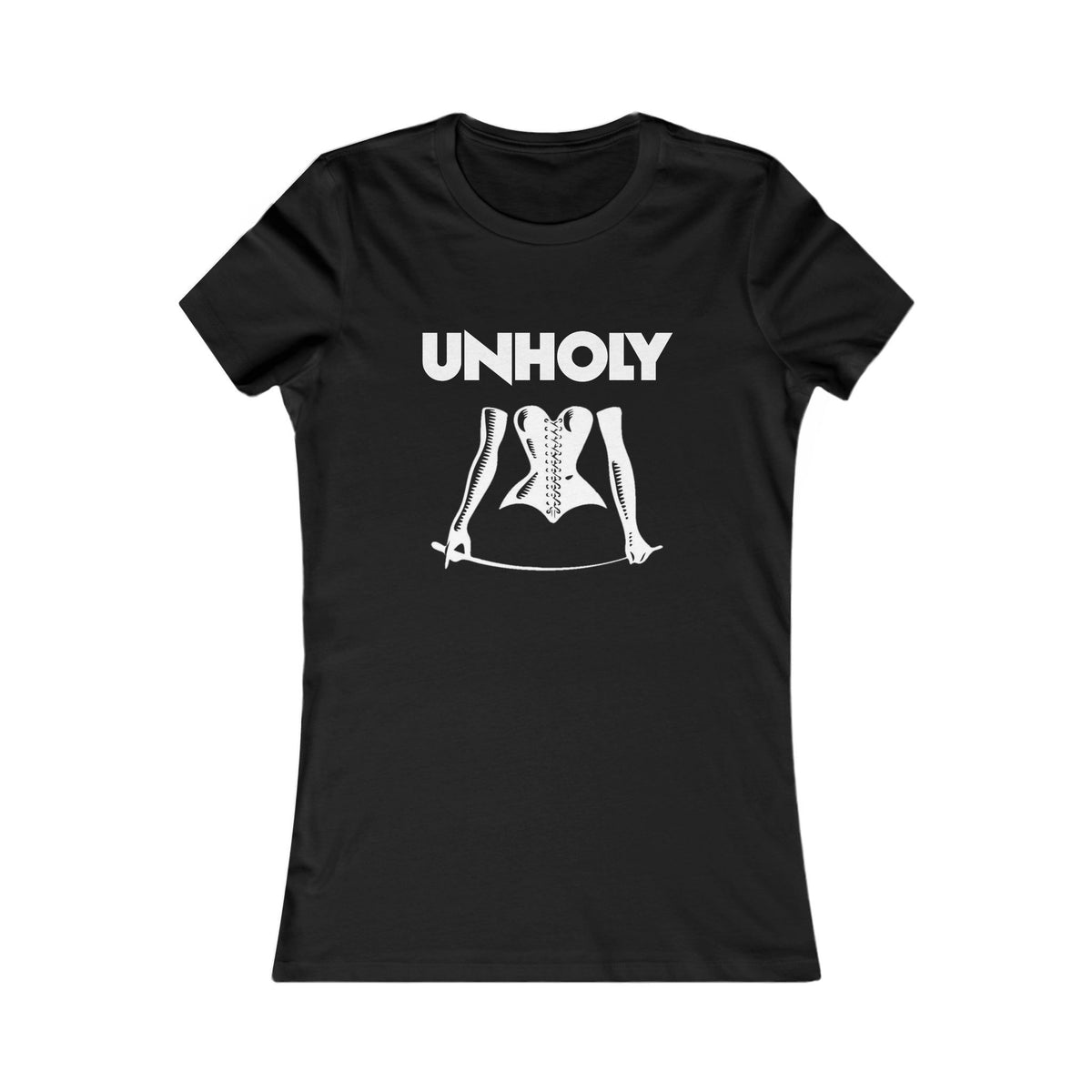 Black fitted women's T-shirt with Unholy occult graphic, front view