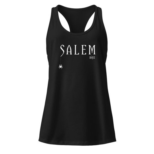 Front view of the black women’s racerback tank top with Salem witch design