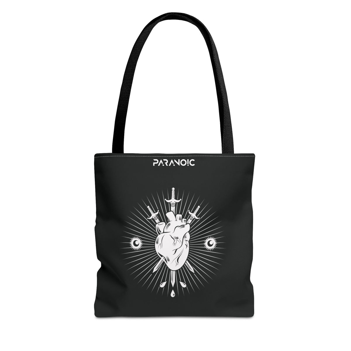 Front view of black Anatomical Heart tote bag