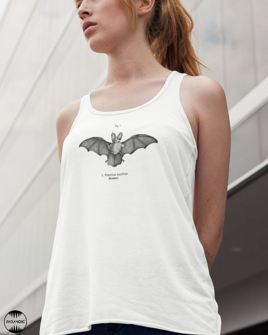 Woman wearing the black Bat alternative fitted racerback tank top