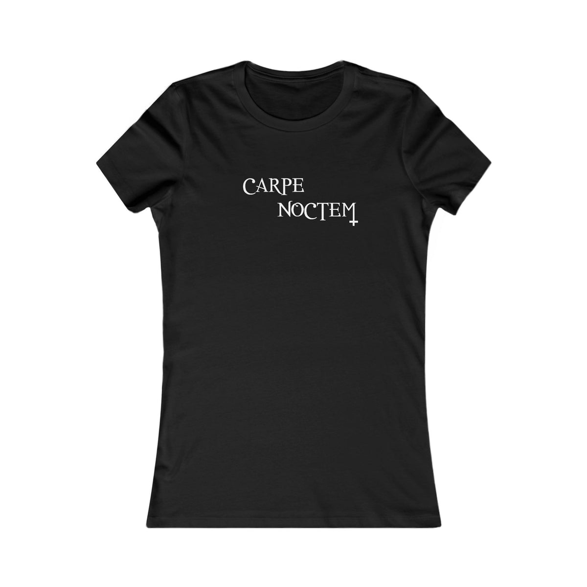 Black fitted women's T-shirt with Carpe Noctem gothic lettering, front view