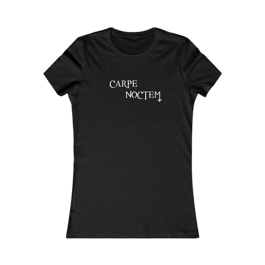 Black fitted women's T-shirt with Carpe Noctem gothic lettering, front view