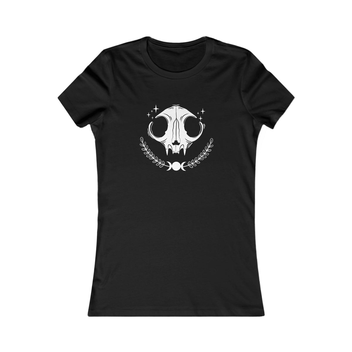 Black fitted women's T-shirt with gothic cat graphic, front view