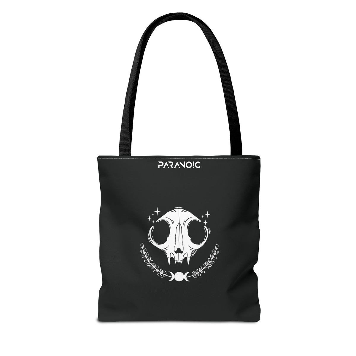 Back view of black Cat tote bag with expressive feline graphic