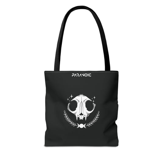 Back view of black Cat tote bag with expressive feline graphic
