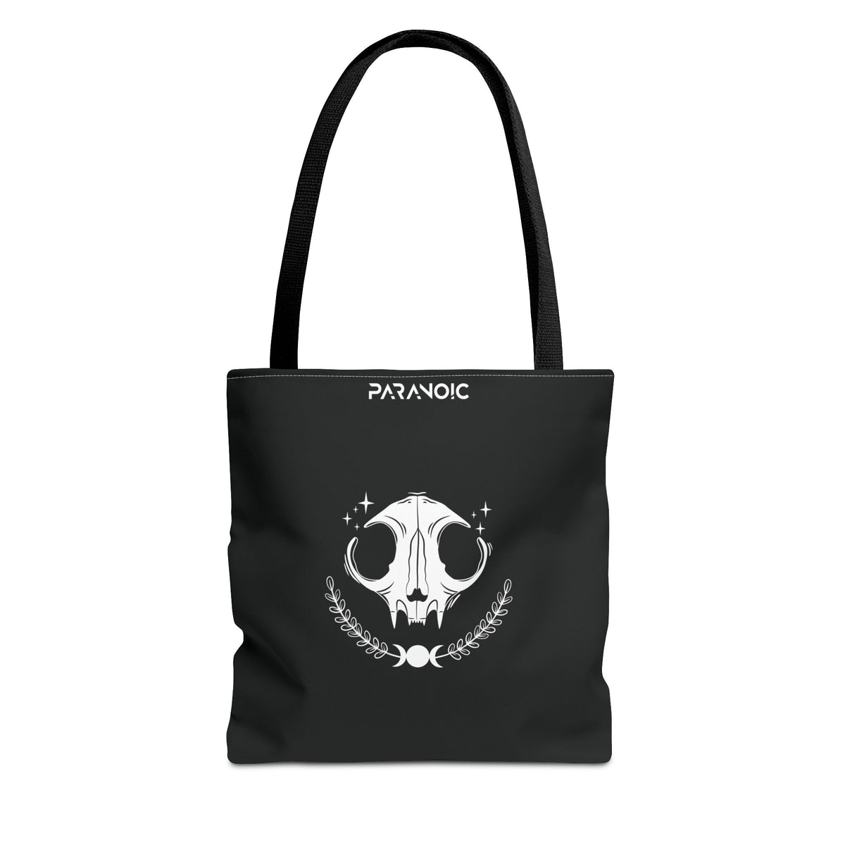 Front view of black Cat tote bag with expressive feline graphic