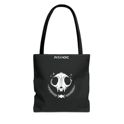 Front view of black Cat tote bag with expressive feline graphic