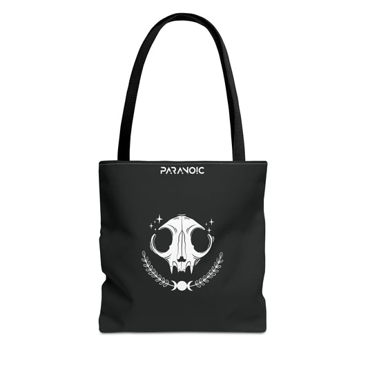 Front view of black Cat tote bag with expressive feline graphic