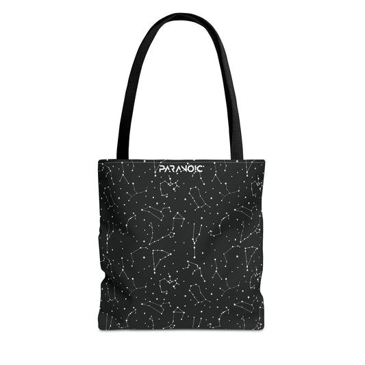 Front view of black Constellation tote bag