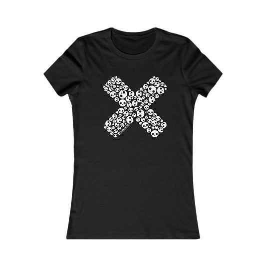 Black fitted women's T-shirt with gothic skull and cross graphic, front view