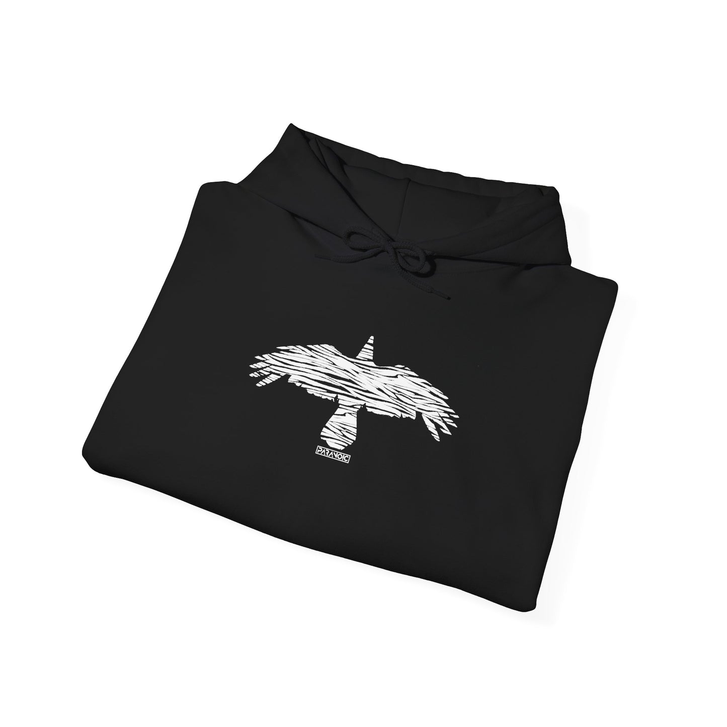 Folded black Crow hoodie showing the printed design