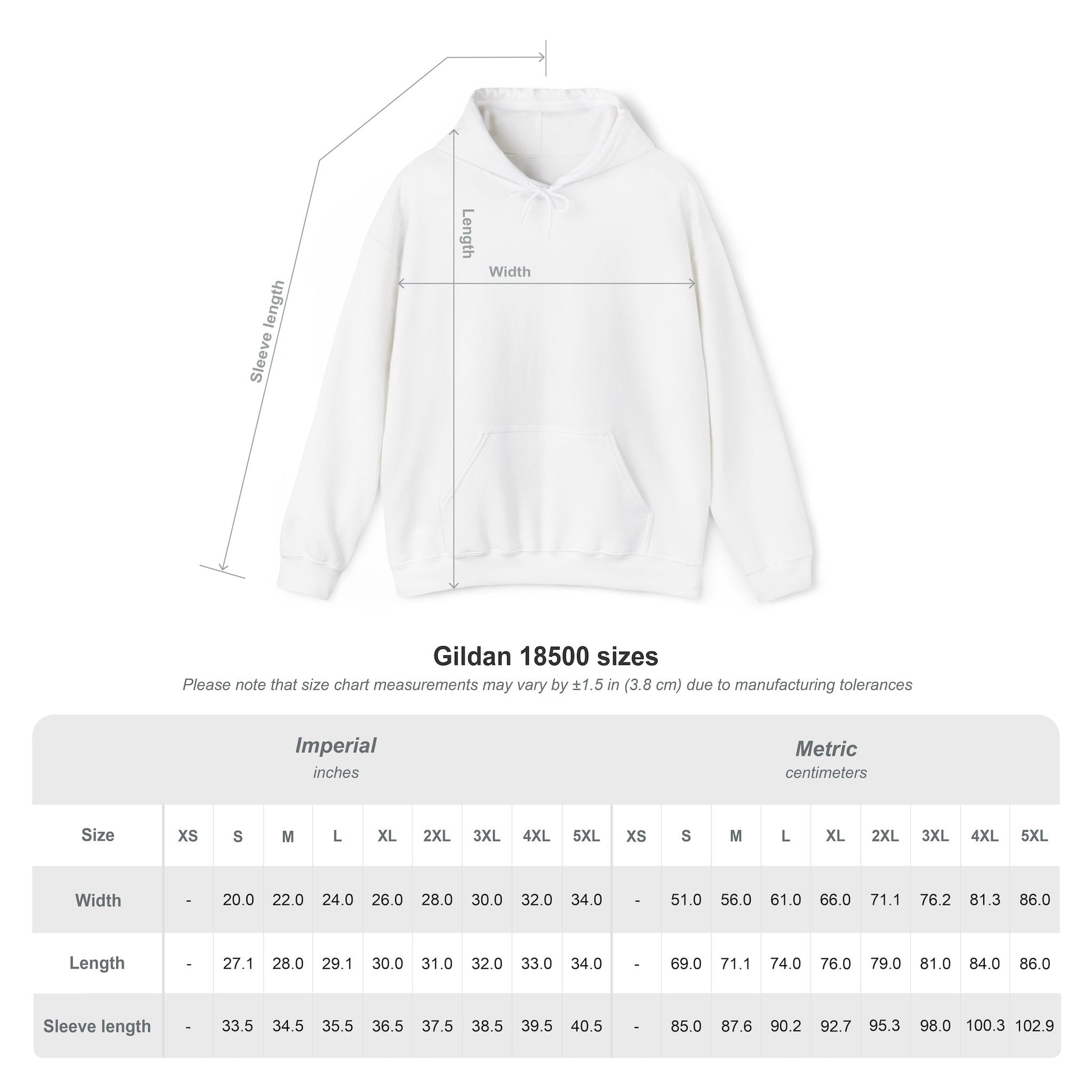 Size guide in centimetres for black Crow hoodie