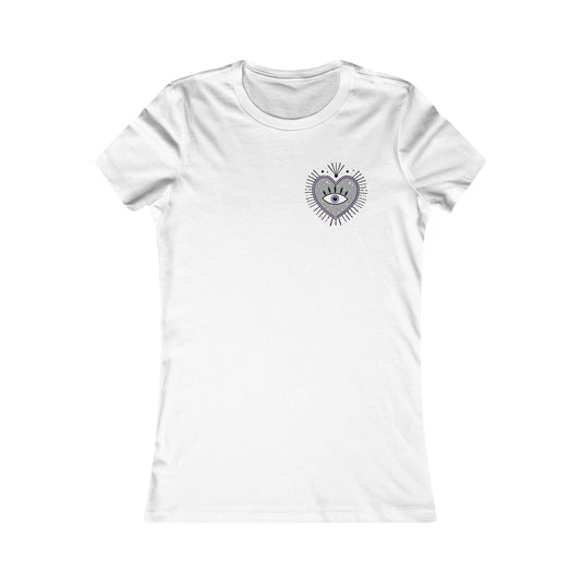 Black fitted women's T-shirt with heart and eye graphic, front view