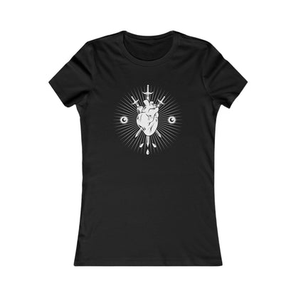 Black fitted women's T-shirt with anatomical heart graphic, front view