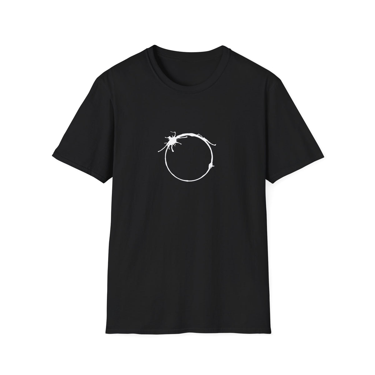 Black Heptapod unisex T-shirt with circular alien language graphic inspired by Arrival, front view — Schwarzes Heptapod-Unisex-T-Shirt mit kreisförmiger Alienschrift, inspiriert von Arrival, Vorderansicht