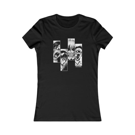 Black fitted women's T-shirt with zombie horror graphic, front view