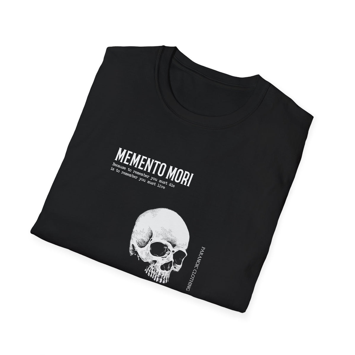 Folded black Memento Mori unisex T-shirt showing the printed design