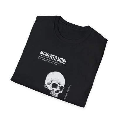 Folded black Memento Mori unisex T-shirt showing the printed design