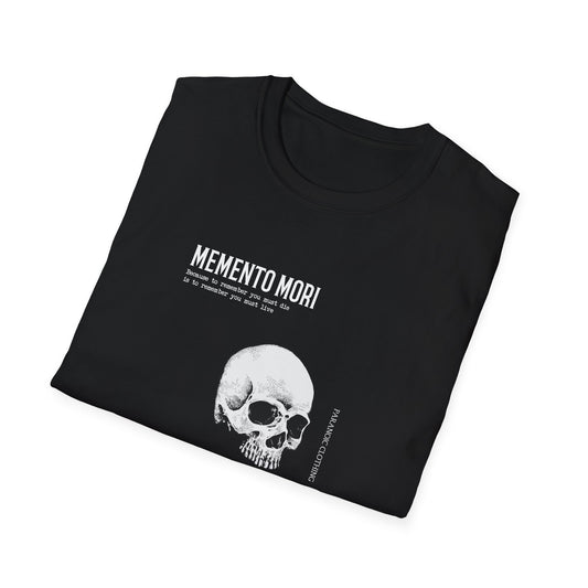 Folded black Memento Mori unisex T-shirt showing the printed design