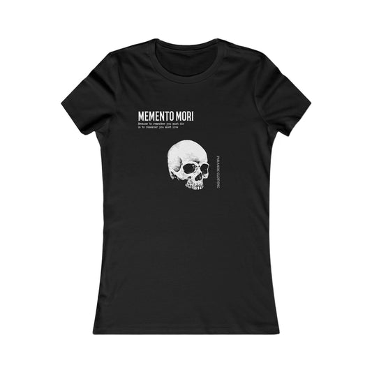 Black fitted women's T-shirt with Memento Mori graphic, front view