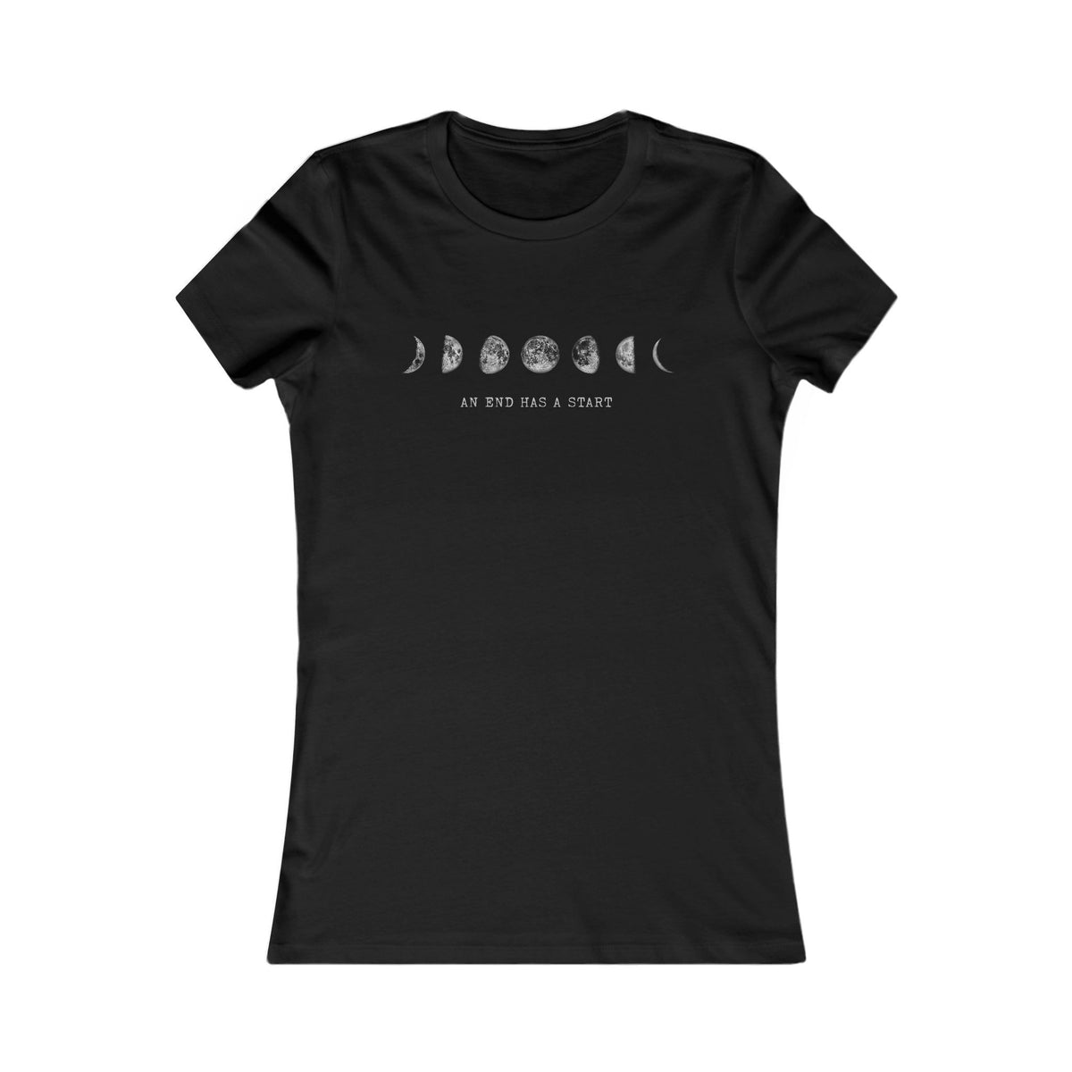 Black fitted women's T-shirt with moon faces graphic, front view