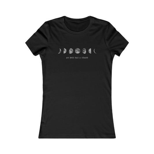 Black fitted women's T-shirt with moon faces graphic, front view