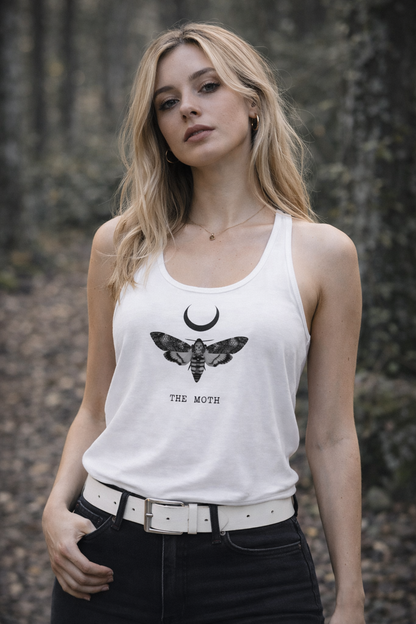 Woman wearing the black Moth alternative fitted racerback tank top