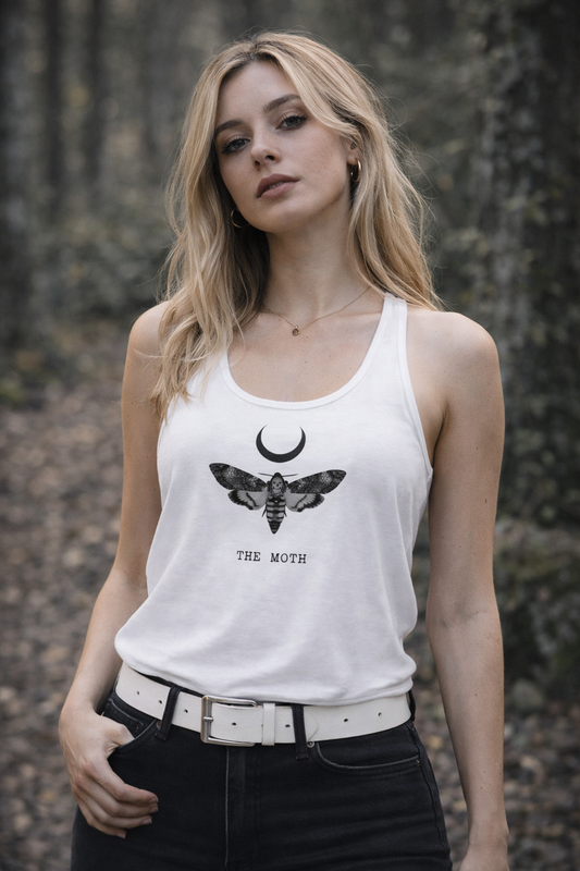 Woman wearing the black Moth alternative fitted racerback tank top