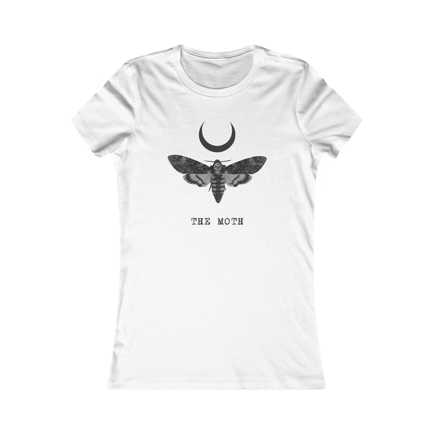 Black fitted women's T-shirt with gothic moth graphic, front view