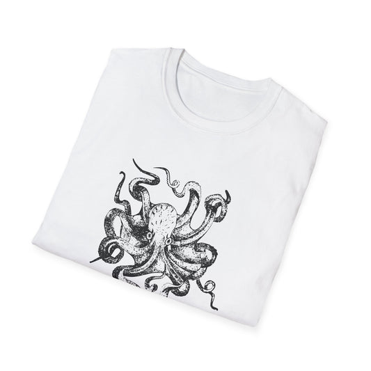 Folded white Octopus unisex T-shirt showing the printed design