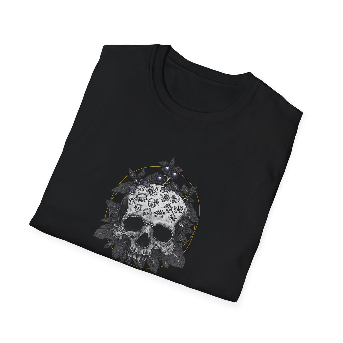 Folded black Skull by D.S. Gargots unisex T-shirt showing the printed artwork