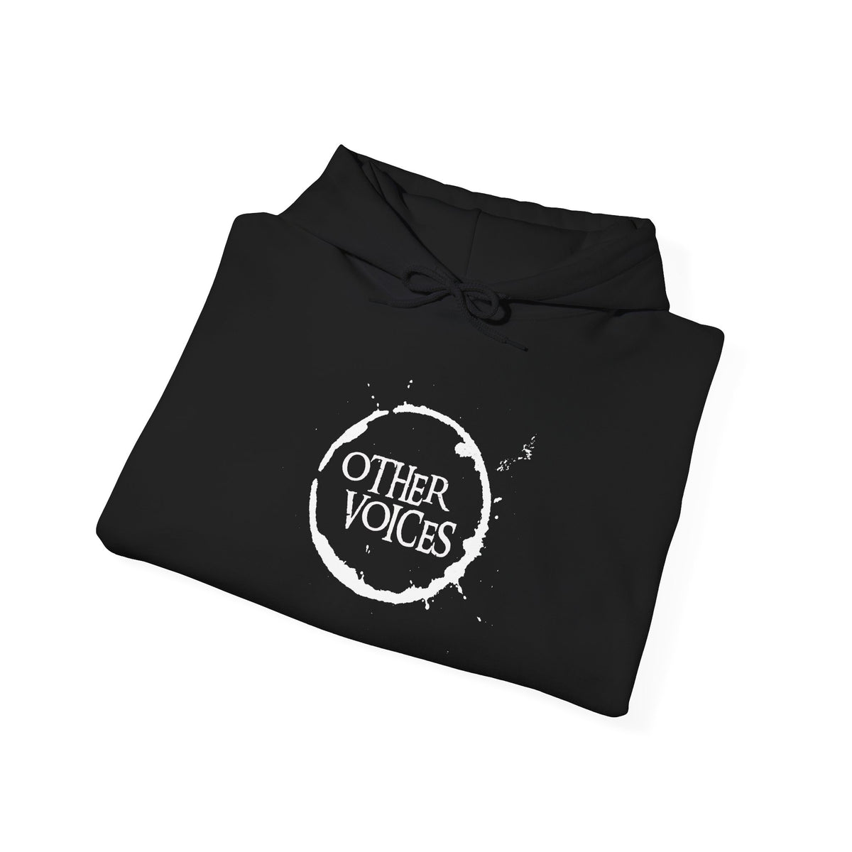 Folded black Other Voices hoodie showing the printed design