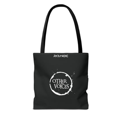 Back view of black Other Voices tote bag