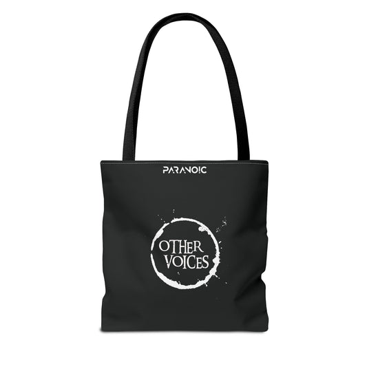 Back view of black Other Voices tote bag