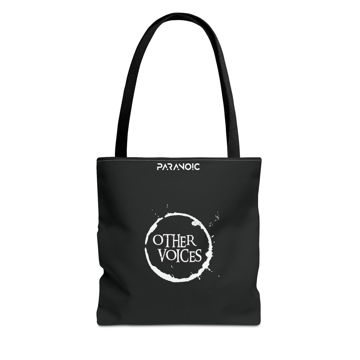 Front view of black Other Voices tote bag