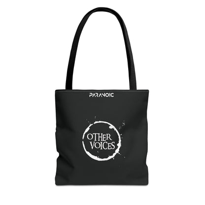 Front view of black Other Voices tote bag
