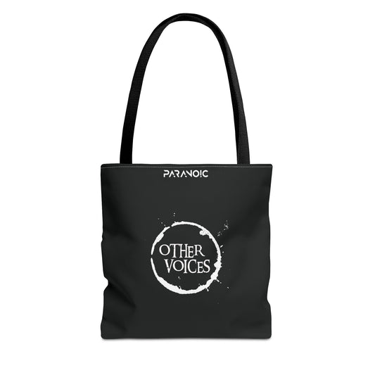 Front view of black Other Voices tote bag