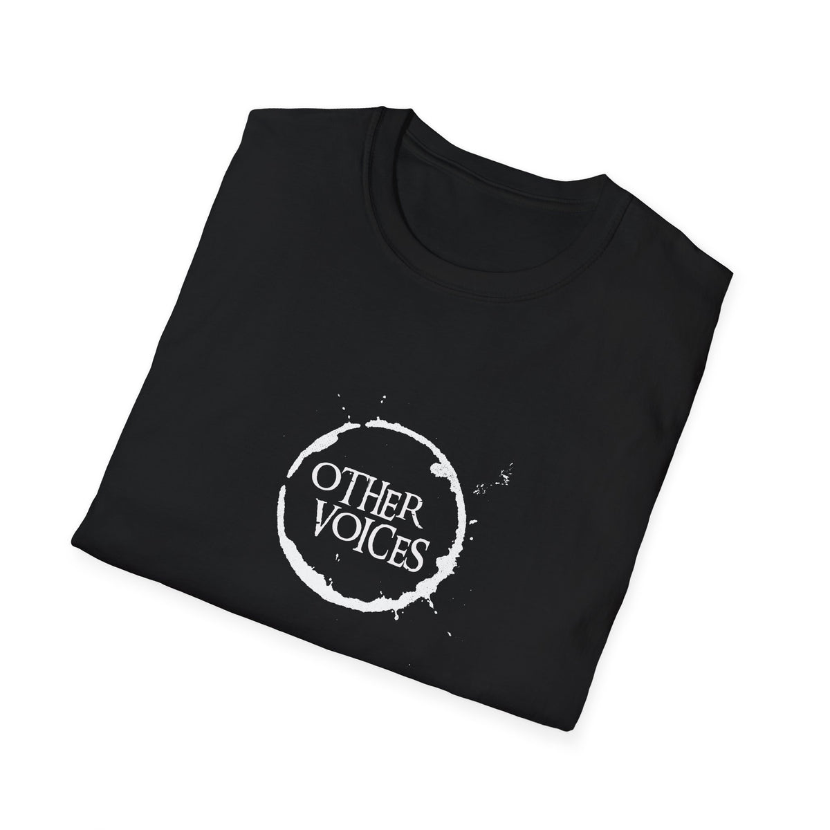 Folded black Other Voices unisex T-shirt showing the printed design