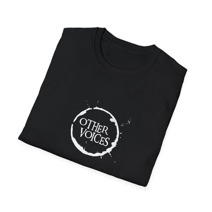 Folded black Other Voices unisex T-shirt showing the printed design