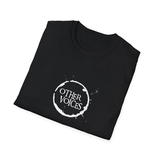 Folded black Other Voices unisex T-shirt showing the printed design