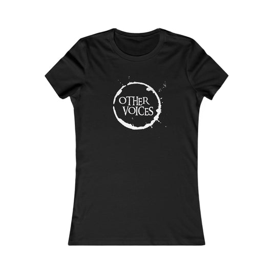 Black fitted women's T-shirt with Other Voices music graphic, front view