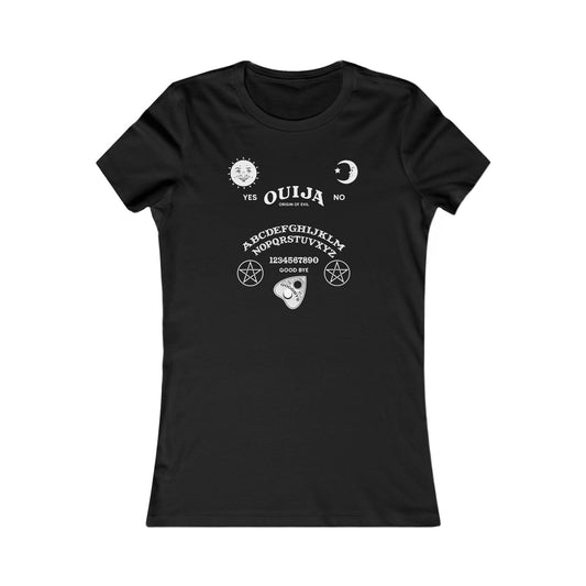 Black fitted women's T-shirt with Ouija board graphic, front view
