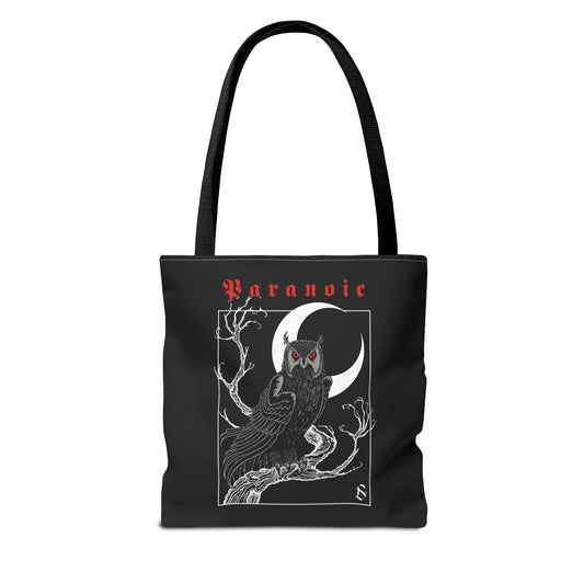 Back view of black Owl by D.S. Gargots tote bag