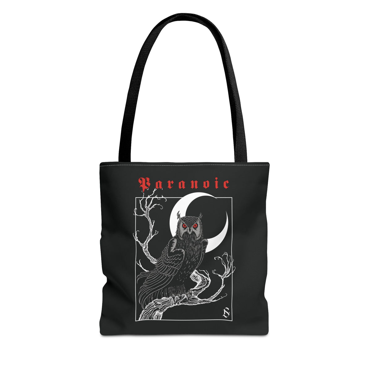 Front view of black Owl by D.S. Gargots tote bag