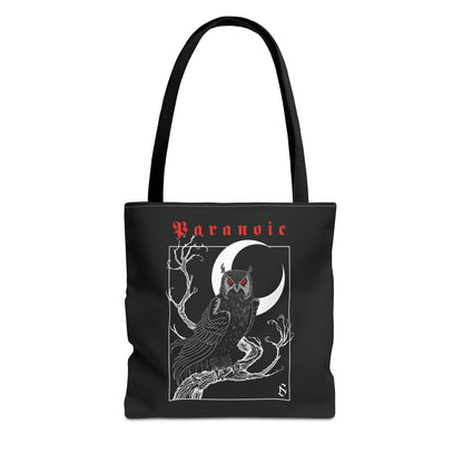 Front view of black Owl by D.S. Gargots tote bag